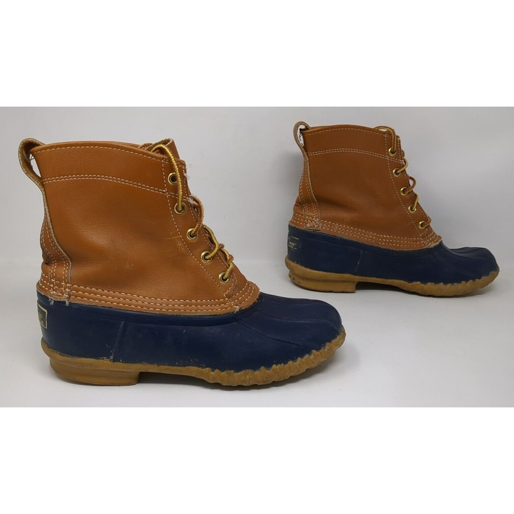 LL‎ Bean Women's Size 7 Leather Duck Boots Made in USA Tan Blue 6" Maine